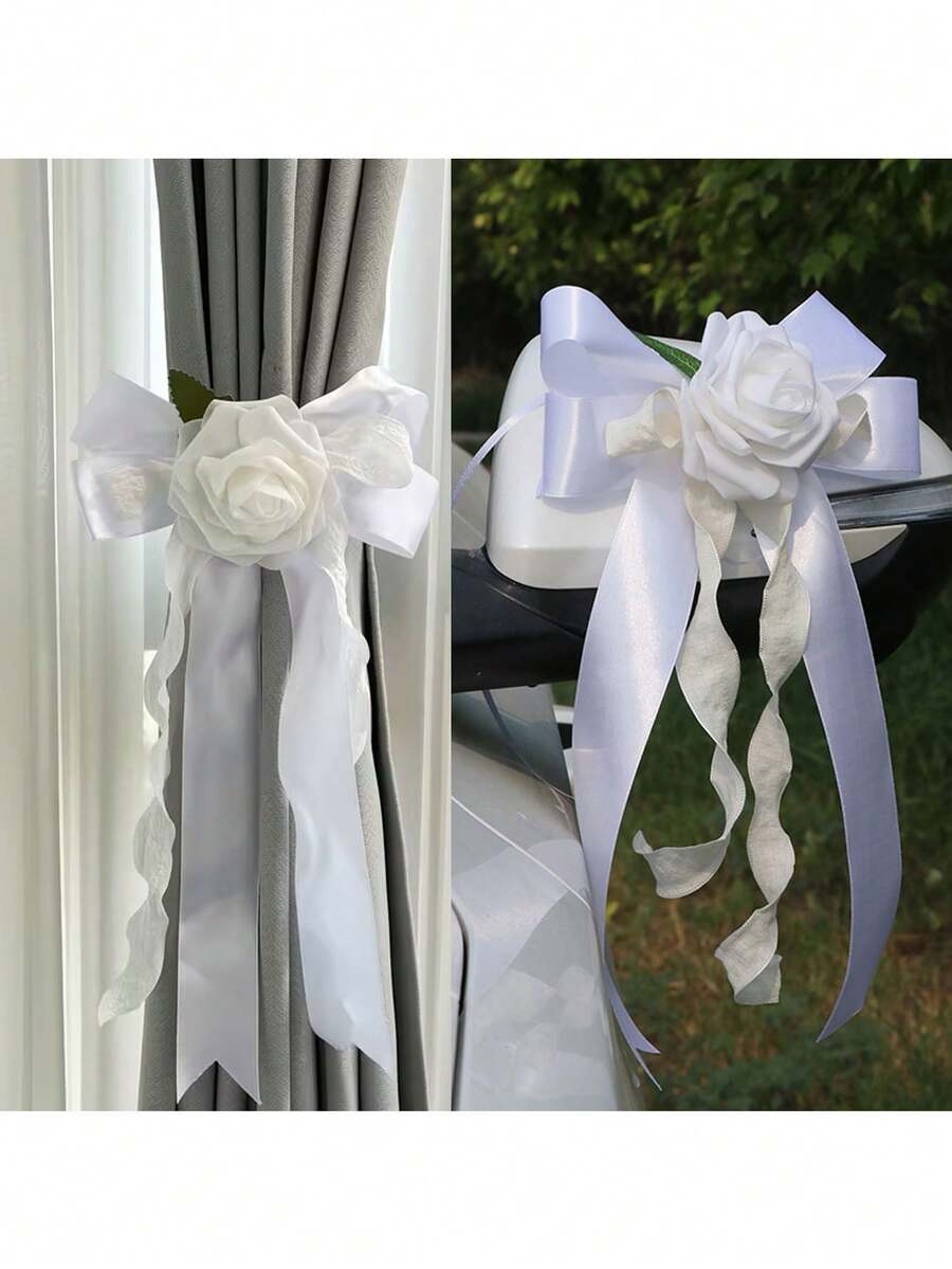 1pc White Butterfly Decor For Wedding Car Rearview Mirror, Backrest, Door Handle, Rearview Mirror, Faux Flower Bouquet, Ribbon, Wedding Wrist Corsage, Indoor Home Decor - Multicolor - View 1