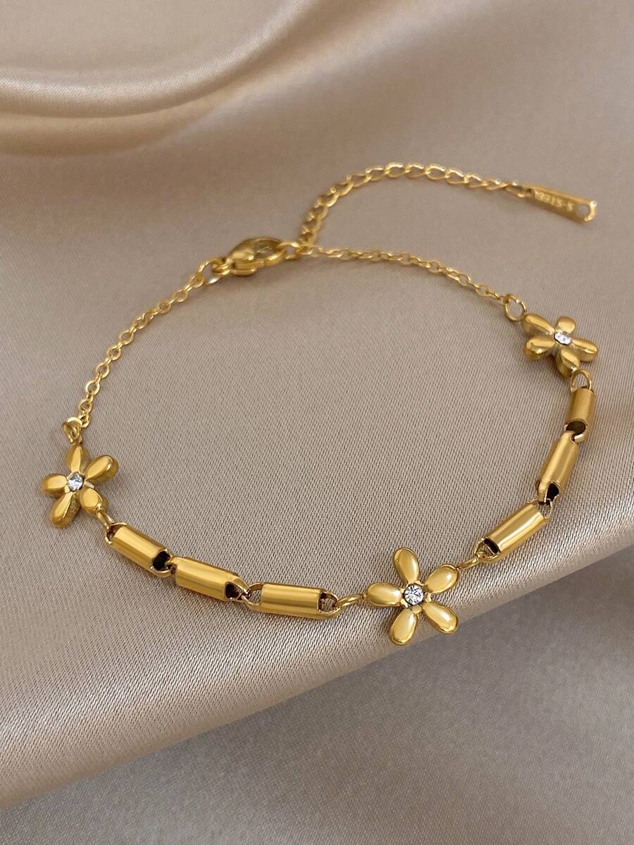 1 chiếc vòng tay dây xích đính đá Zirconia hình hoa thanh lịch, mạ vàng 18K, dạng ống tròn, bằng thép không gỉ, dành cho nữ, phong cách mùa hè, bohemian, trang sức thép không gỉ đi biển, mùa nghỉ mát, quà tặng cho mẹ, thích hợp cho các buổi tiệc tùng, hẹn hò, đám cưới, lễ tình nhân, kỷ niệm, lễ hội âm nhạc, Giáng sinh, lễ Phục sinh. - Nhiều màu - Xem 1