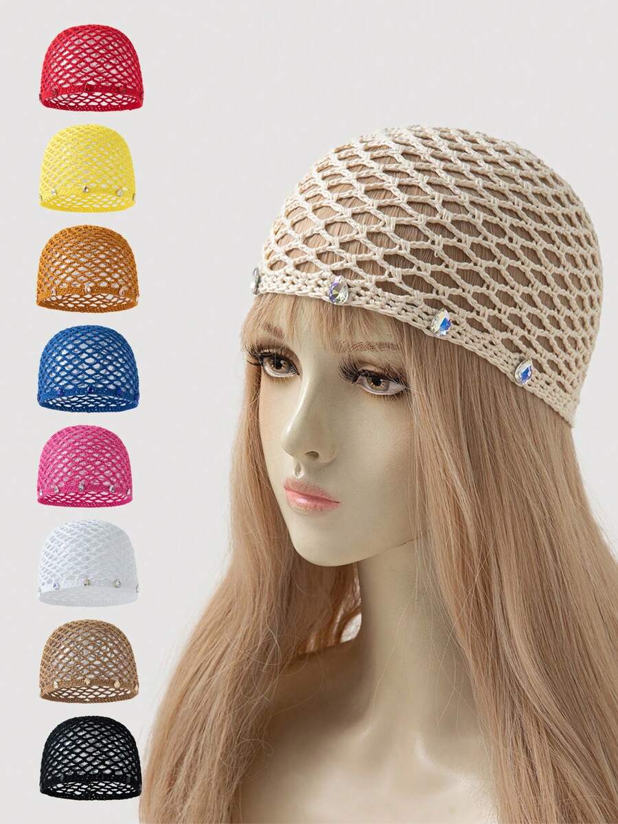 1 Peça Chapéu de Crochê Fino e Oco com Decoração de Strass em Gota d'Água para Mulheres, Adequado para Uso Diário em Estilo Boho na Primavera/Outono - A - Visão 1