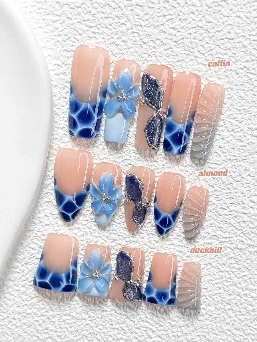 10Pcs Deep Sea Fantasy Style Handmade Nail Art Set,Unghie Press On,Edgy Sophisticated Nail Art,Includes Nail Tools,3 Sizes Available,Almond Nails , Duck Nails,Coffin Nails For Party, Dance, Daily Wear. - 彩色 - 查看 1