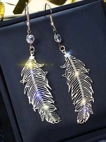 1 Pair Fashionable Luxurious Long Feather Earrings - Perfect For Weddings And Engagements - Crystal Dangle Jewelry Gift For Women - Silver - View 1