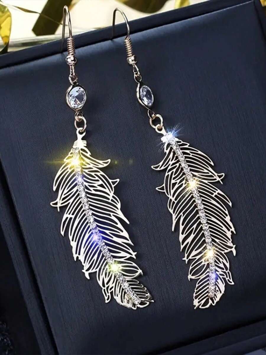 1 Pair Fashionable Luxurious Long Feather Earrings - Perfect For Weddings And Engagements - Crystal Dangle Jewelry Gift For Women - Silver - View 1