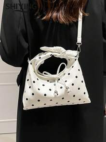 Fashionable Polka Dot Handbag, Women's Multi-Function Shoulder Crossbody Bag, Retro Bow Decor Drawstring Crescent Bag - Multicolor - View 12