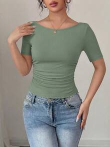 PRETTYGARDEN Womens Summer Short Sleeve Tops Boat Neck Ribbed Knit Slim Fit T Shirt Casual Basic Top Y2K Clothes - 灰綠色 - 查看 3