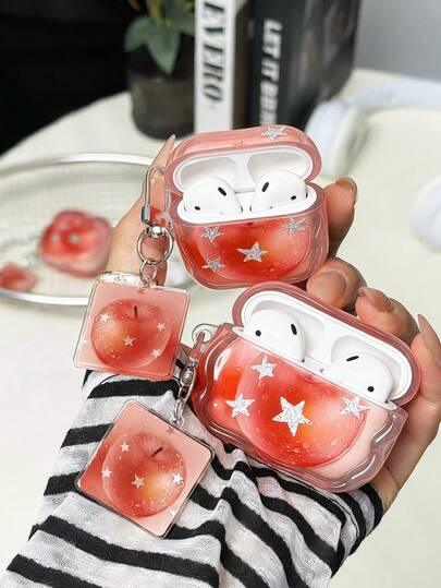 1 Piece Sweet And Cool Girl-Style Apple Star-Shaped Earphone Case Protector, Suitable For Various Models Of Apple Earphones. Transparent Soft Shell With Anti-Drop Function And An Apple Pendant Attached.
