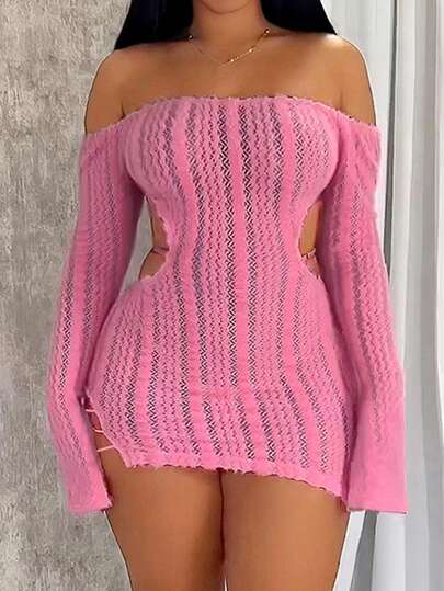 Vestido ajustado de unicolor con hombros descubiertos y recortes, vestido corto de mujer sexy con recortes, con volantes, manga larga dividida con hombros descubiertos, ajuste regular, manga corta acampanada, vestidos cortos lisos para mujer, para primavera/otoño, uso diario casual elegante