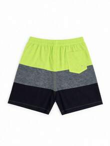 Neon Green & Gray Contrast Color Men's Drawstring Waist Casual Shorts - Multicolor - View 4