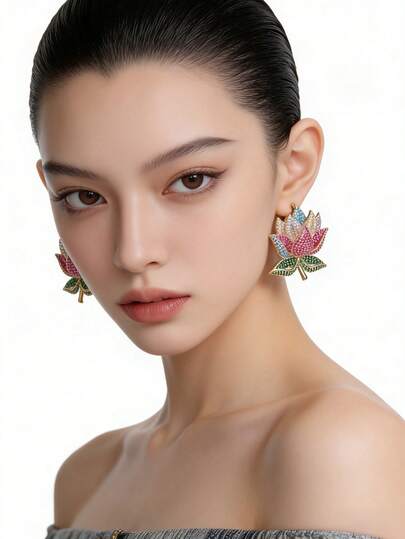 1 Pair Luxury Jewelry Style Copper Micro-Inlaid Cubic Zirconia Flower Pendant Earrings, Suitable For Evening Gowns And Party Wear