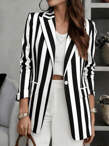 Chaqueta Blazer de Manga Larga con Bloques de Color y Rayas con Bolsillos - Chaqueta con Solapa de Muesca y Botones Delanteros para Vacaciones para Mujer - rayas anchas blancas y negras - Ver 4
