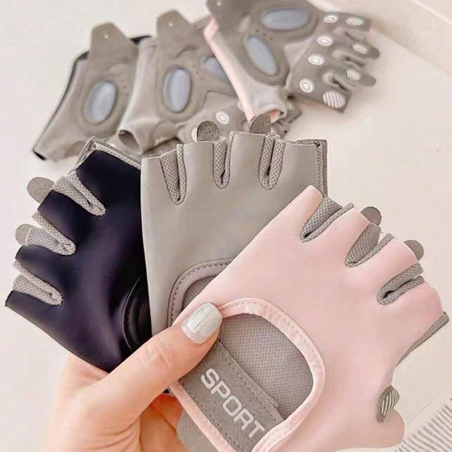 1 Pair Solid Color Letter Print Polyester Fiber Women Sports Fitness Half Finger , Breathable Anti-Slip Cycling Yoga Gym Training Unisex - Nhiều màu - Xem 1