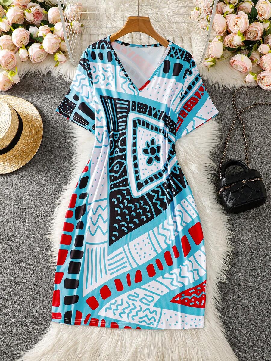 Casual Fitted V-Neck Random All-Over Geometric Print Short Sleeve Plus Size Dress Summer - Baby Blue - View 1