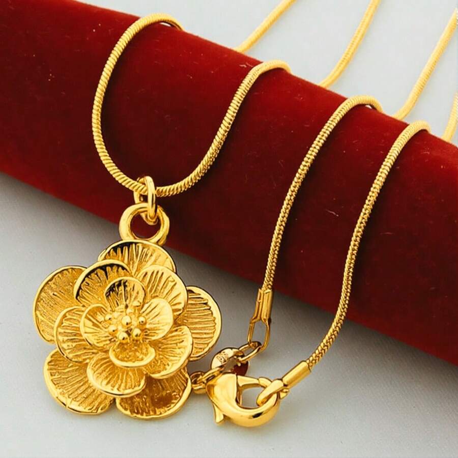 18K Gold Plated Rose Flower Pendant Necklace 18/20-24/26/30 Inch Snake Chain For Women Wedding Engagement Jewelry - Gold - View 1