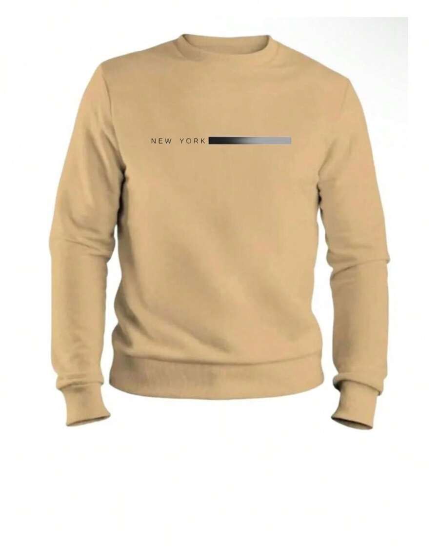 Crew Neck Sweatshirt With Minimalist New York Print, Basic And Modern, New Release. - Áo thun cổ tròn kaki New York - Xem 1