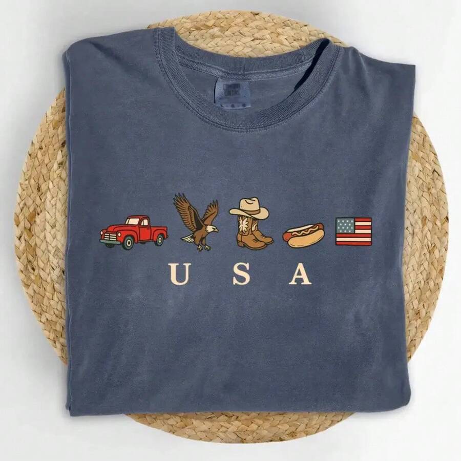 USA Icons T Shirt, American Flag T-Shirt, 4th Of July Graphic Tee, Country Clothing, Western Outfits, Independence Day 250th America Anniversary T Shirt2026 - Summer Outfits For Women - Xám - Xem 1