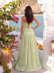 ADYCE Elegant Strapless Cinched Waist Backless Fitted High Slit Train ...
