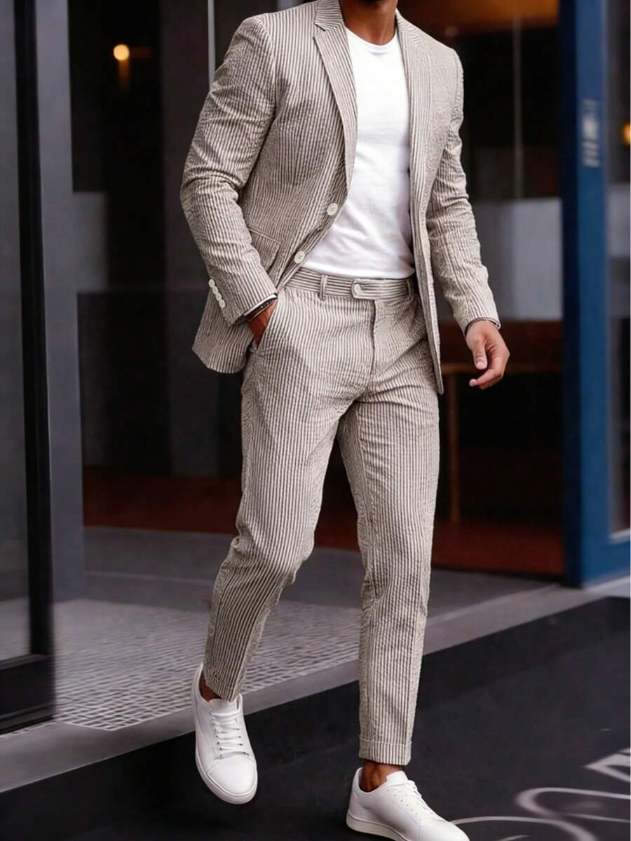 Men's Suit 2-Piece Set - Solid Seersucker Single-Breasted Jacket, Essential For Casual Activities, Weddings, Parties, And Business Occasions, Classic Tailoring Formal Style, High-Quality Tailored Seersucker Fabric, Fashionable Gentleman Style - 卡其色 - 查看 1