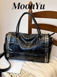 Women's Tote Bag, Fashion Personalized Rivet Inlaid Super Cool Punk Connector Large Bag, Suitable For Traveling And Shopping, Black Color - Black - View 2