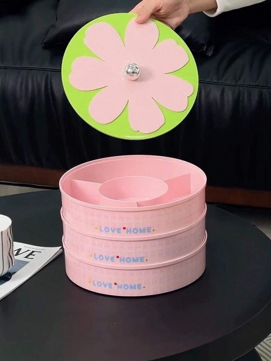 花卉图案分隔水果盘，粉色格子款，家用零食糖果干果收纳盒 - 彩色 - 查看 1