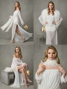 Women's Sheer Mesh Off Shoulder Long Sleeve Solid Color Maxi Dress, Party Dresses For Elegant Party Outfits - 白色 - 查看 2