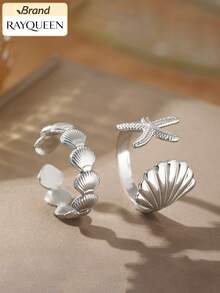 RAYQUEEN Fashionable Stainless Steel Versatile Shell & Starfish Open Ring Set Decorative Jewelry For Women, Suitable For Daily Wear And Holiday Gifts - Yellow Gold - View 2