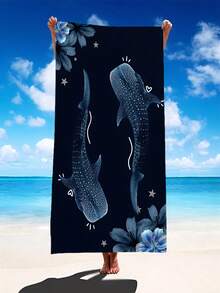1pc Extra Large Black Beach Towel, Printed With Blue Floral, Star And Whale Shark Pattern, Multiple Sizes Available, Quick-Drying Soft Portable, Sand-Resistant Fashionable, Super Absorbent Microfiber Material (Bohemian Style, Tropical Style, Vintage Style, Fun Pattern, Yoga, Picnic, UV Protection); Suitable For Beach, Swimming Pool And Outdoor Activities, Travel Essential, Camping, Yoga, Gym, Sports, Swimming, Unisex - Whale - View 2