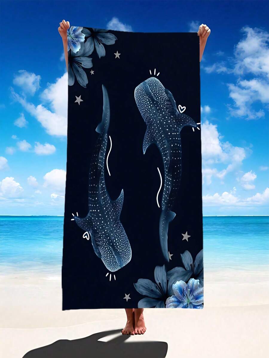 1pc Extra Large Black Beach Towel, Printed With Blue Floral, Star And Whale Shark Pattern, Multiple Sizes Available, Quick-Drying Soft Portable, Sand-Resistant Fashionable, Super Absorbent Microfiber Material (Bohemian Style, Tropical Style, Vintage Style, Fun Pattern, Yoga, Picnic, UV Protection); Suitable For Beach, Swimming Pool And Outdoor Activities, Travel Essential, Camping, Yoga, Gym, Sports, Swimming, Unisex