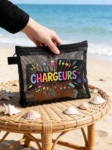 Mesh Zipper Storage Bag, With "Chargeurs" Letter Pattern, Multi-Function Storage Portable Storage Bag, Digital Bag, Makeup Bag, Skin Care Bag, Travel Toiletries Bag Necessities, Dormitory Supplies, Wedding Bride Gifts, Mother Gifts, Birthday Gifts, Friends And Teachers Gifts, Bathroom Storage, Jewelry Storage, Lipstick And Cosmetics Storage Bags, Vacation Travel Necessities, Teachers' Day Gifts, Outdoor Camping Necessities - Multicolor - View 4
