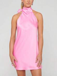 Women's Halter Neck Satin Mini Dress Sleeveless Backless Ruched Slim High Neck Solid Color Bodycon Short Dresses Evening Party Dress Wedding Guest Dresses Formal Dress - 粉色 - 查看 5