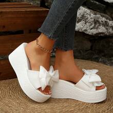 Women's Bow Decor Platform Wedge Slide Sandals, Comfortable Open Toe Beach & Casual Outdoor Slippers - White - View 5