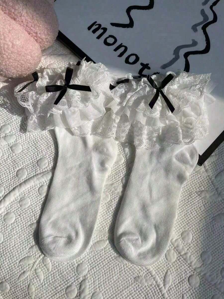 1 par de calcetines de mujer con lazo de encaje estilo lolita, regalo de Navidad - Blanco - Ver 1