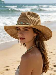 女士沙滩草编牛仔帽，饰有绿松石串珠帽带 - 西部风格遮阳帽，轻便可折叠 - 巴拿馬草編帽 - 查看 3