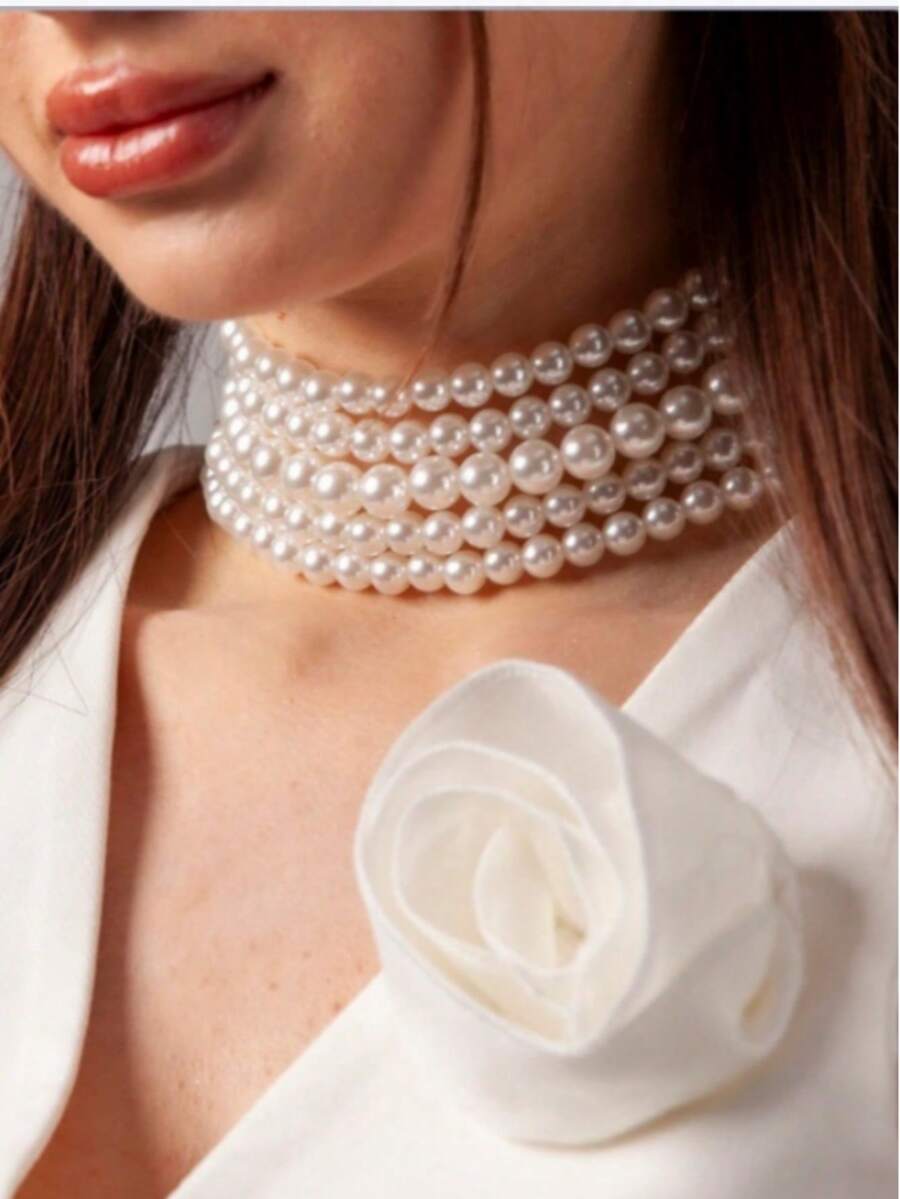 1件手工多层珍珠项链，优雅晚宴风格，女士珠宝 - 白色 - 查看 1
