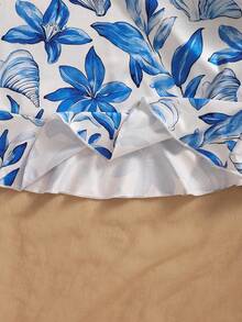 女孩夏季海滩度假风芙蓉花贝壳印花不对称吊带连衣裙 - 淺藍色 - 查看 9