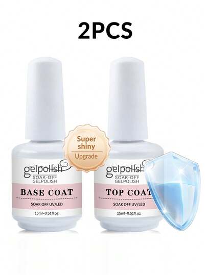 gelpoiish 2pcs/Set 15ml Top Coat & Base Coat Kit - Long Lasting Glossy Gel Nail Polish, Suitable For LED UV Lamp, Salon Quality Nail Care Gift