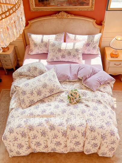 4pcs Floral Printed Bedding Set (1 Duvet Cover + 2 Pillowcases + 1 Bed Sheet, Without Pillow And Quilt), Soft & Breathable, Simple & Elegant, Machine Washable, All Seasons