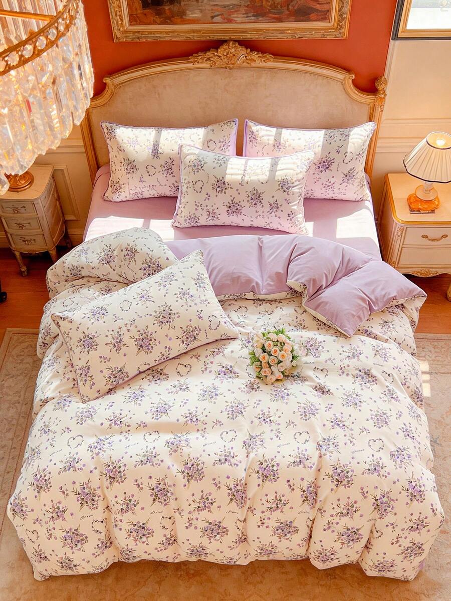 4pcs Floral Printed Bedding Set (1 Duvet Cover + 2 Pillowcases + 1 Bed Sheet, Without Pillow And Quilt), Soft & Breathable, Simple & Elegant, Machine Washable, All Seasons