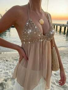 Women's Sexy Crochet Halter Top, Sequin Embellished Deep V Sheer Chiffon Peplum Cami, Bohemian Beach Cover-Up For Summer Vacation, 2026 Y2K Going Out Wear - Brown - View 1