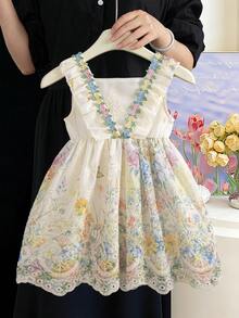 Baby Girl Colorful Floral Ruffle Strap Contrast Mesh Princess Dress, Vintage Style Suitable For Vacation & Beach, Summer - Apricot - View 2