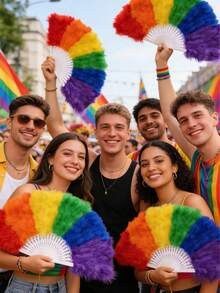 1把2026 LGBTQ骄傲派对彩虹天鹅绒羽毛扇，适用于舞台、T台、音乐节庆典，时尚手持降温配件，“爱就是爱”主题装饰，夏季，节日 - 彩色 - 查看 1