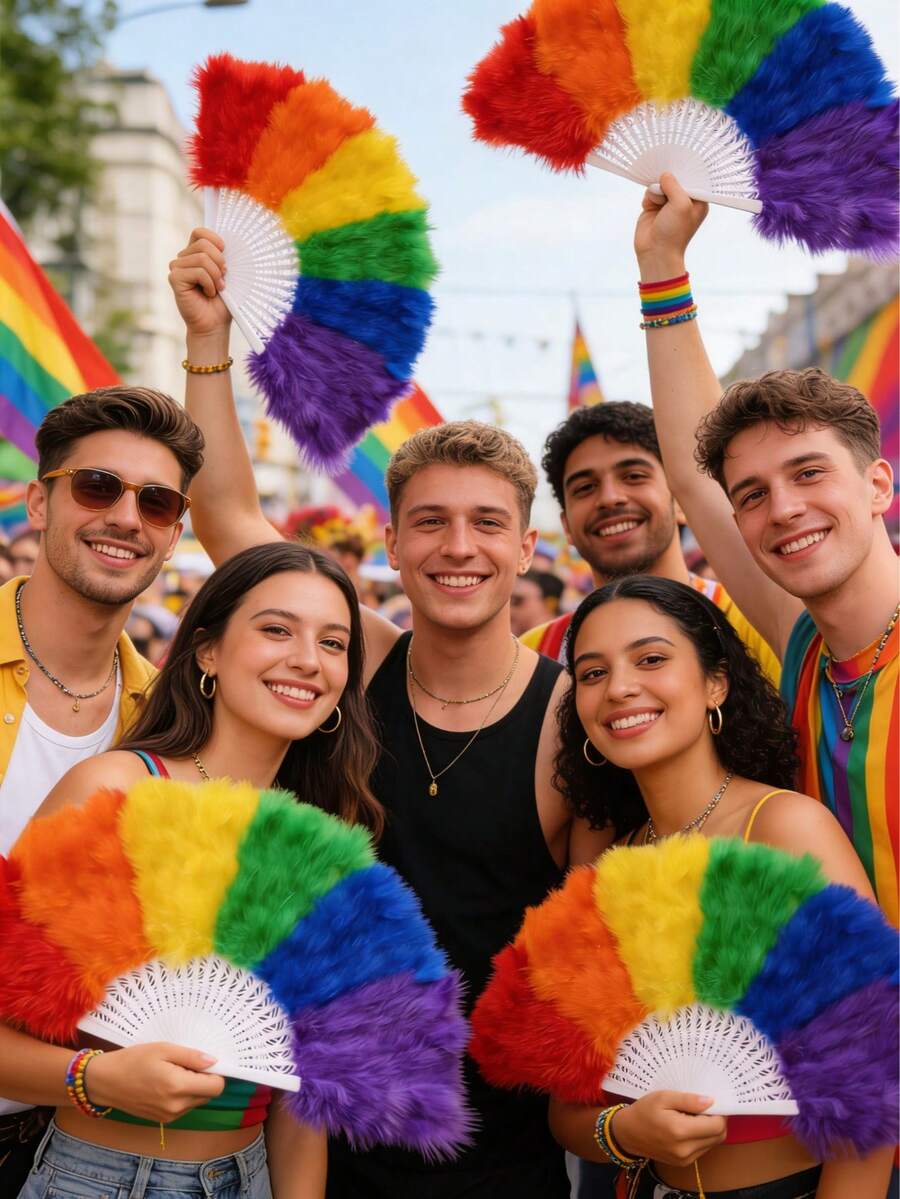 1把2026 LGBTQ骄傲派对彩虹天鹅绒羽毛扇，适用于舞台、T台、音乐节庆典，时尚手持降温配件，“爱就是爱”主题装饰，夏季，节日 - 彩色 - 查看 1