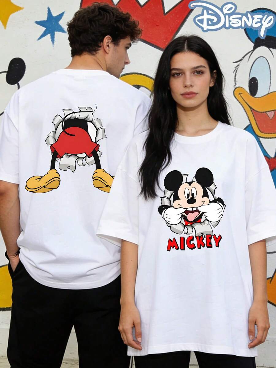 Disney Officially Licensed Vintage Funny Breakthrough Mouse Graphic Tee, Retro Cartoon Character T Shirt, Unisex Oversized Couple Matching Streetwear, Creative Pop Art Short Sleeve Top For Men Women - 白色 - 查看 1