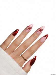24pcs Nail Art Set, French Almond Shaped Medium Length False Nails, Y2K Bow Decor Nail Stickers, Suitable For Party, Concert, Holiday, Includes 1 Mini Nail File And 1 Sticker Sheet, Gift For Women & Girls, Red Bow Cat Eye Jewelry Accessory - Multicolor - View 3