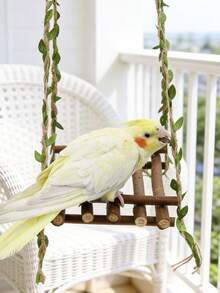 Medium-Small Parrot Natural Wooden Rattan Hanging Swing, Interactive Perch, Realistic Green Leaf Swing Toy To Relieve Boredom, Educational Bird Supplies, Bird Cage Accessories, Parrot Toys - View 5