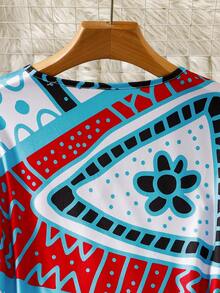 Casual Fitted V-Neck Random All-Over Geometric Print Short Sleeve Plus Size Dress Summer - Baby Blue - View 4