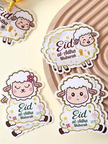 Tarjeta de decoración de piruleta "Eid Al-Adha Mubarak", dulces festivos, múltiples diseños adorables de ovejas, con estampado de oro en relieve y saludos festivos de "Eid Al-Adha Mubarak", acompañados de estrellas, linternas y talla grande, ideal para decorar fiestas familiares y actividades infantiles, agrega un ambiente ceremonial a los dulces, transmite bendiciones cálidas y celebratorias para las vacaciones - Ver 7
