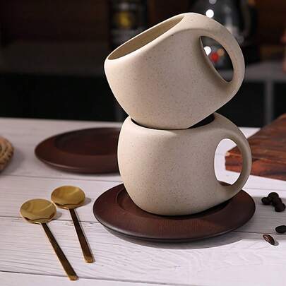 3pcs/Set Ceramic Coffee Cup Saucer, Black Ceramic Coffee Mug With Wooden Saucer, Home Kitchen Dining Room Coffee Cup Saucer Set For Tea Coffee Milk Fruit Juice, Microwave & Dishwasher, Suitable For Outdoor Wedding Party Gift Birthday