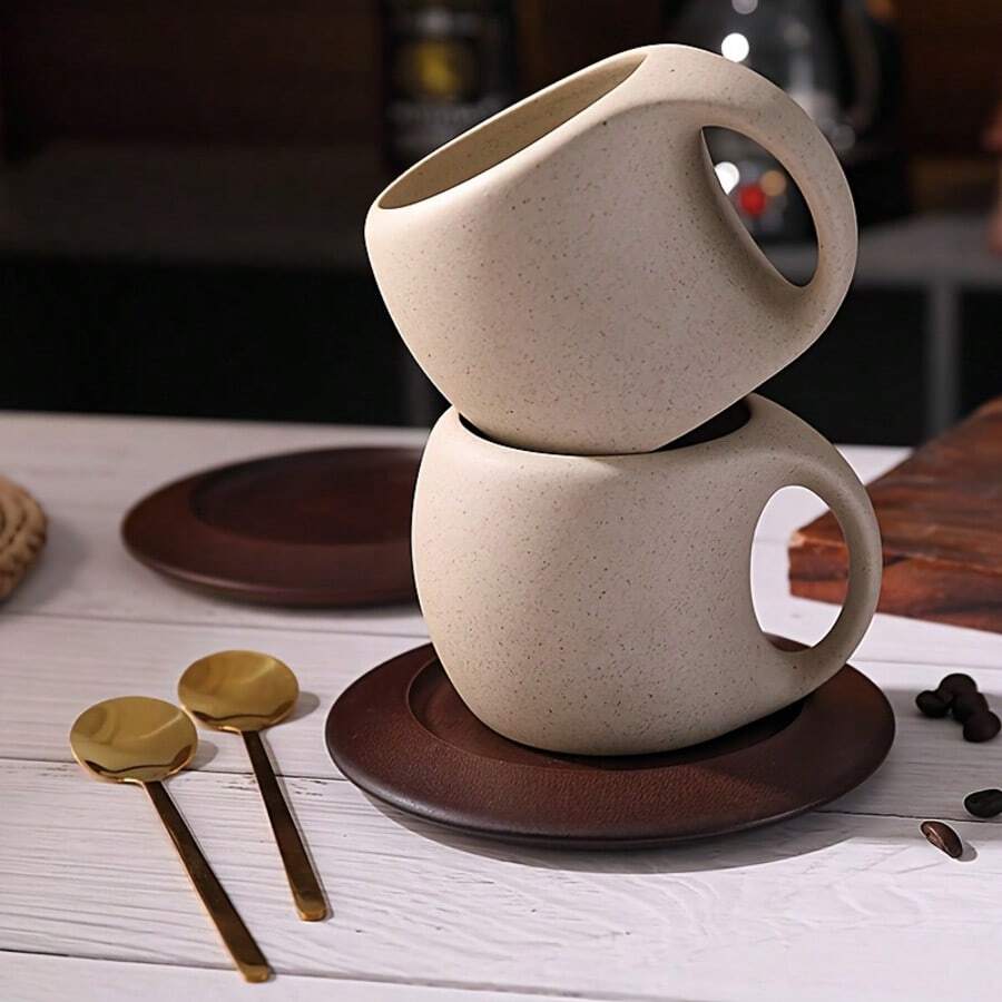 3pcs/Set Ceramic Coffee Cup Saucer, Black Ceramic Coffee Mug With Wooden Saucer, Home Kitchen Dining Room Coffee Cup Saucer Set For Tea Coffee Milk Fruit Juice, Microwave & Dishwasher, Suitable For Outdoor Wedding Party Gift Birthday - Multicolor - View 1