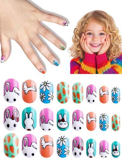 NAIO 24pcs Kids Press On Nails, Cute Bunny Daisy Carrot Pattern Full Cover False Nails Colorful Full Cover Short False Nails For Girls, Cute Mixed Pattern Wearable Nail Kit With Storage Box & Nail File