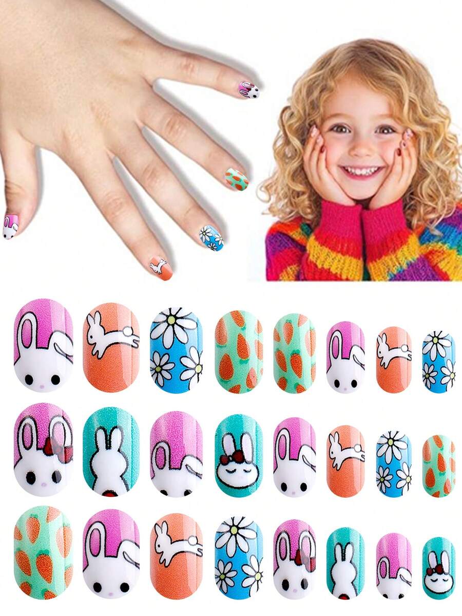 NAIO 24pcs Kids Press On Nails, Cute Bunny Daisy Carrot Pattern Full Cover False Nails Colorful Full Cover Short False Nails For Girls, Cute Mixed Pattern Wearable Nail Kit With Storage Box & Nail File - Multicolor - View 1