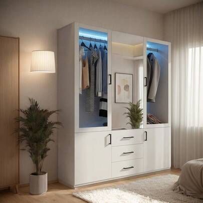 Superaly Schlafzimmerschrank für Erwachsene, Schrank mit 4 Türen und 3 Schubladen, Schrank 180 cm, Aufbewahrungsmöbel mit Spiegel, Aufbewahrungsschrank, Kleiderschrank, Mehrzweckschrank für Wohnzimmer, Schlafzimmer, Wohnung, 130 x 51,8 x 181,5 cm, Weiß